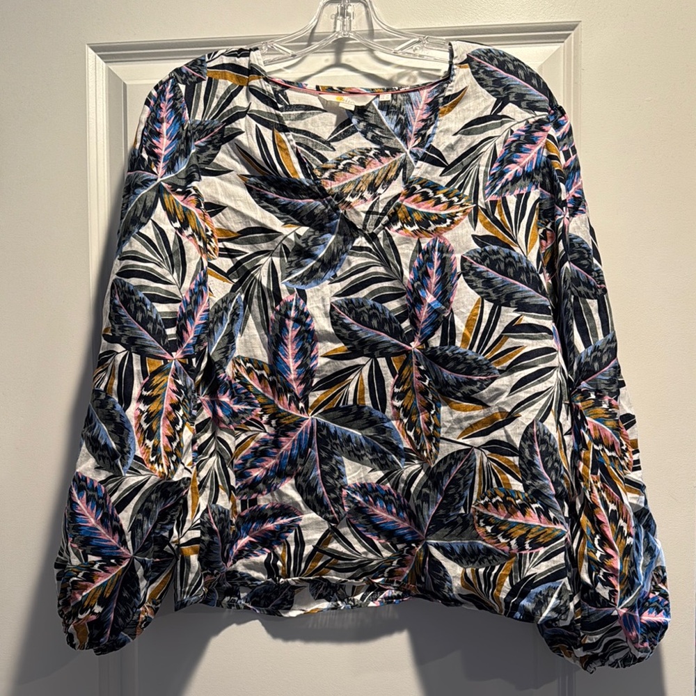 Boden Blue Relaxed Graphic Blouse with 3/4 Sleeves